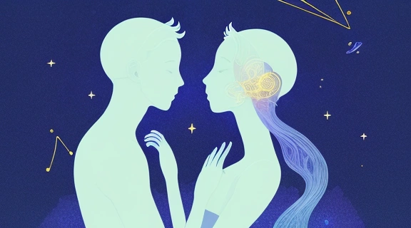 Две абстрактные фигуры, окруженные астрологическими символами и домами гороскопа, символизирующие совместимость партнеров и дома гороскопа.