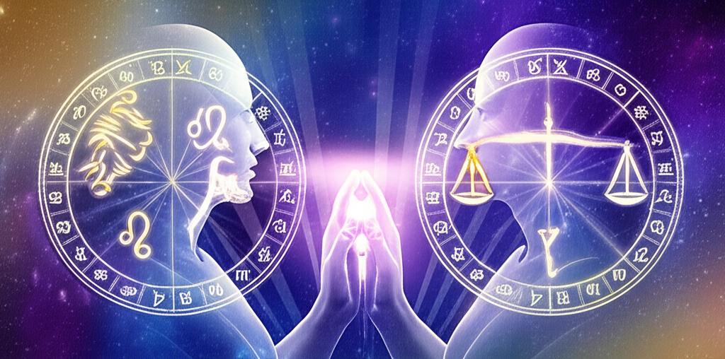 Изображение двух фигур, символизирующих гармонию и глубокое понимание, что отражает совместимость по восходящему знаку в отношениях.