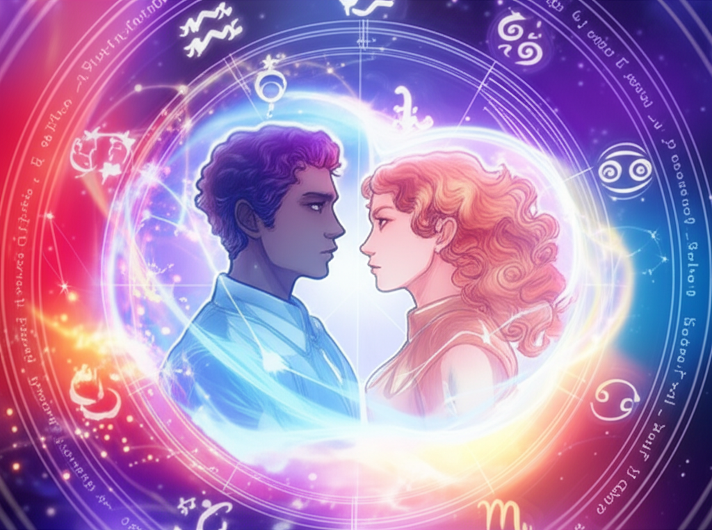 Иллюстрация, символизирующая гармоничную совместимость по знаку зодиака между двумя людьми с переплетающимися энергиями стихий.