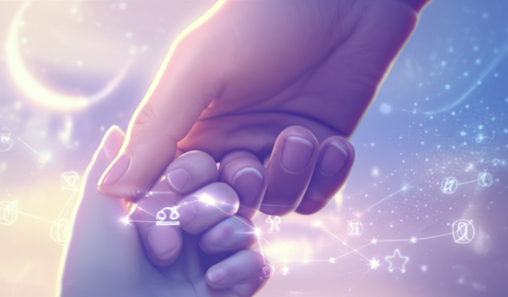 Изображение демонстрирует нежную связь между родителем и ребенком, символизируя Совместимость родителей и детей по гороскопу через тонкие астрологические мотивы и небесные символы.