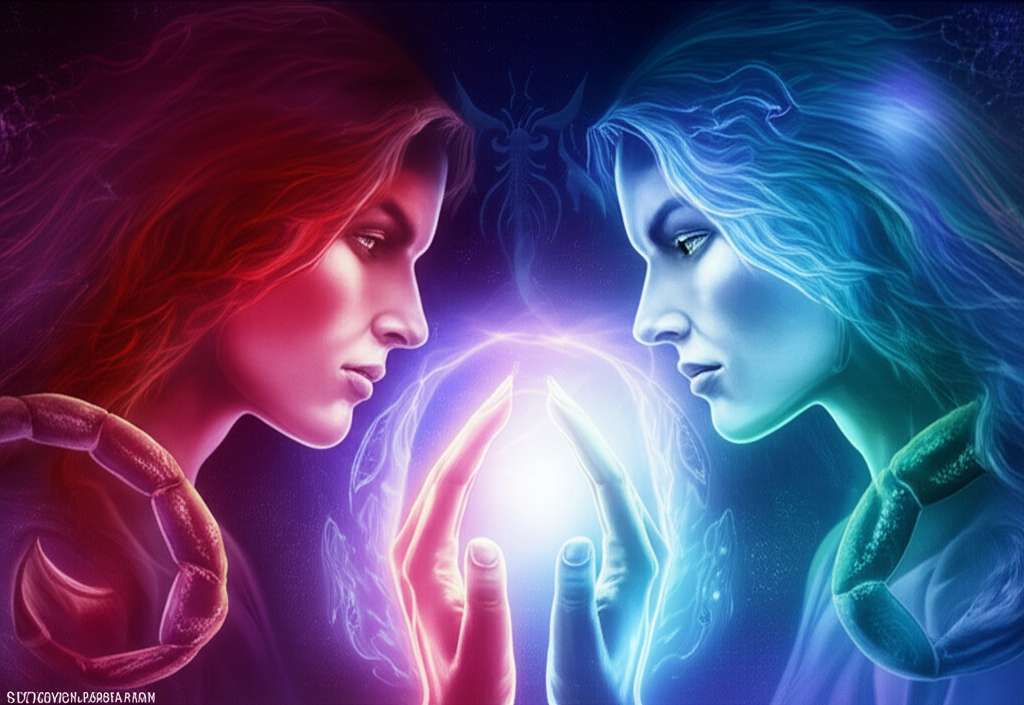 Две мистические фигуры, символизирующие Скорпиона и Рыб, с протянутыми друг к другу руками, показывающие их глубокую совместимость скорпиона и рыб на фоне водной и космической стихии.