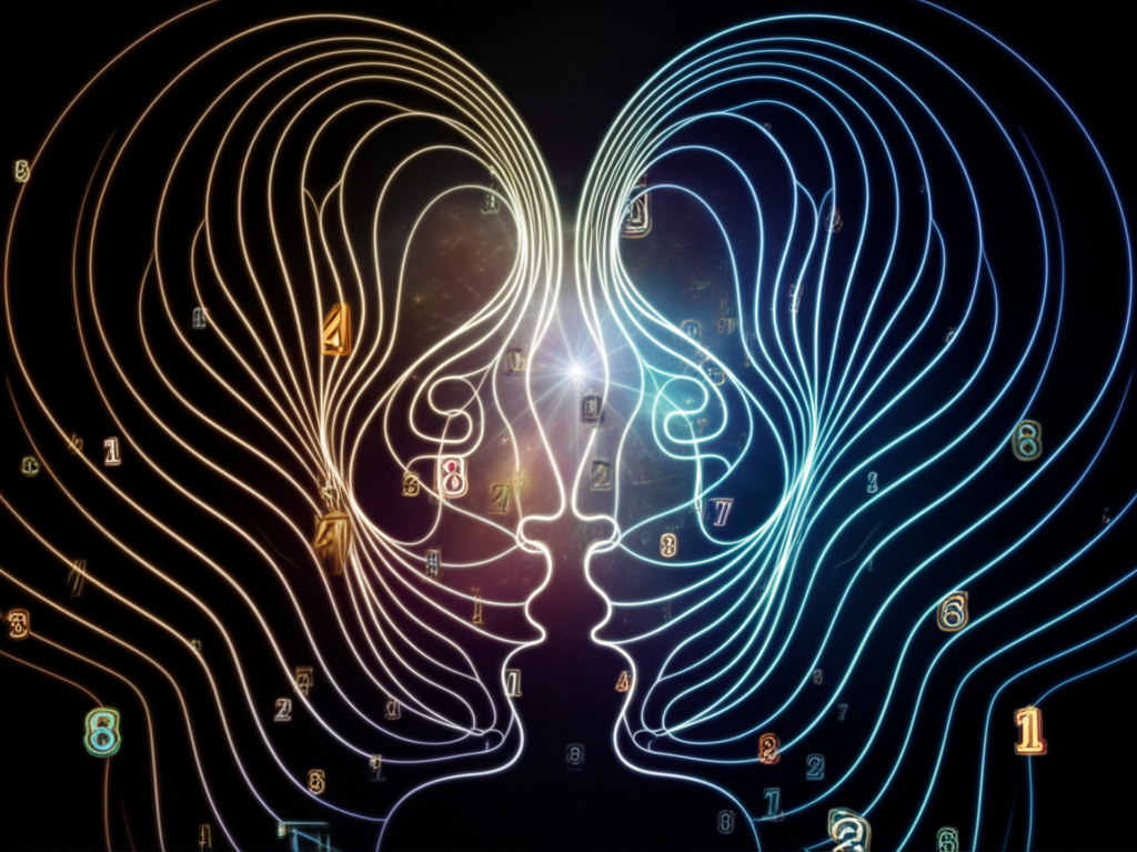 Абстрактная иллюстрация, демонстрирующая совместимость в нумерологии через переплетение цифровых кодов и светящихся линий.