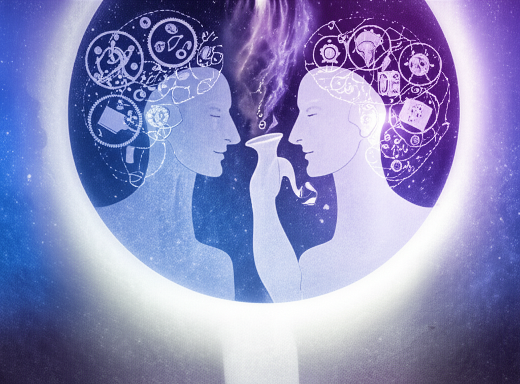 Изображение символизирующее совместимость знаков зодиака Близнецы и Водолей в браке: два стилизованных небесных существа, Близнецы и Водолей, обнимающиеся в эфирной, наполненной воздухом атмосфере, с элементами космоса и интеллекта вокруг них.