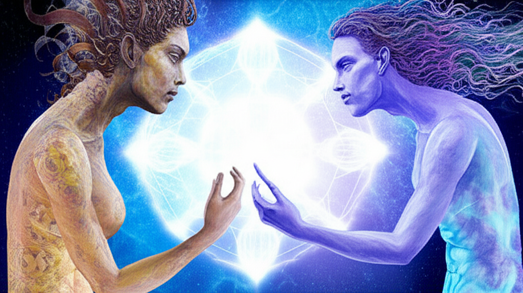 Две фигуры, символизирующие совместимость знаков зодиака дева и водолей любовь, взаимодействуют в сюрреалистическом пространстве, подчеркивая их контрасты и потенциал для гармонии.