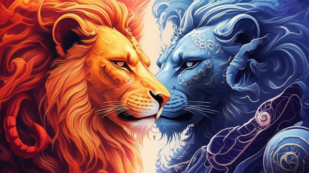 Изображение, символизирующее сложную, но мощную совместимость знаков зодиака лев и скорпион дружба, где огонь и вода находят баланс.