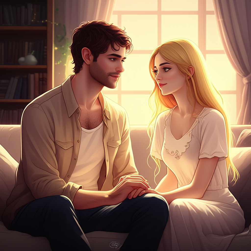 Мужчина-Рак и женщина-Рыбы сидят на диване в уютной гостиной, держась за руки, демонстрируя глубокую эмоциональную совместимость знаков зодиака Рак и Рыбы в семье.