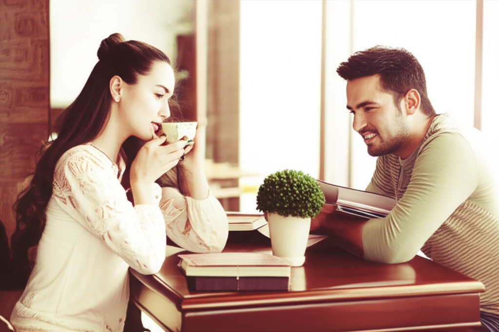 Изображение демонстрирует совместимость знаков зодиака Рыбы и Дева в дружбе, где мечтательная Рыба и практичная Дева уютно беседуют в кафе.