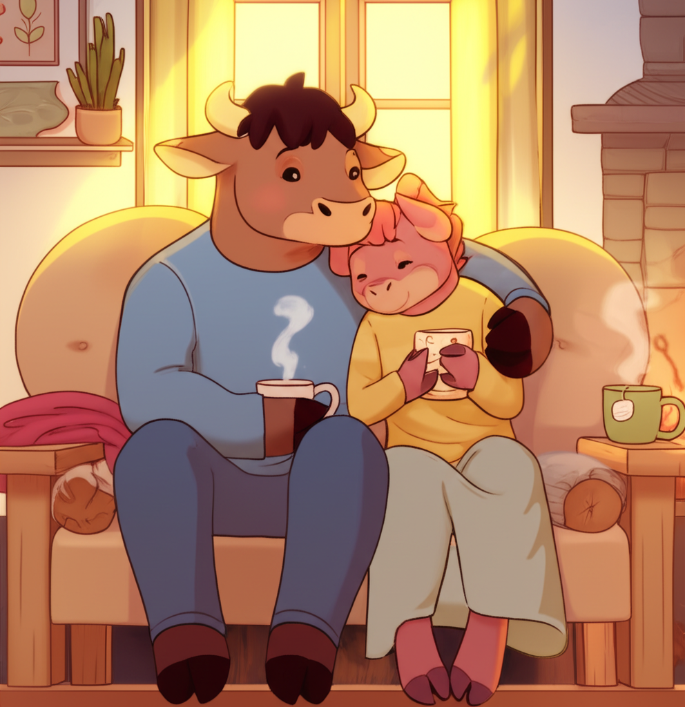 Иллюстрация, изображающая совместимость знаков зодиака Телец и Рак любовь: Телец и Рак уютно сидят вместе в теплой домашней обстановке.