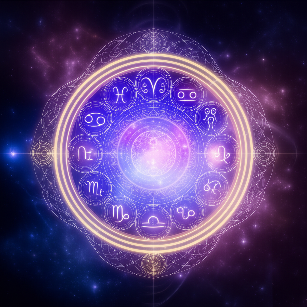 На изображении показаны символы знаков зодиака, переплетающиеся в гармоничном узоре, символизируя совместимость знаков зодиака в дружбе.