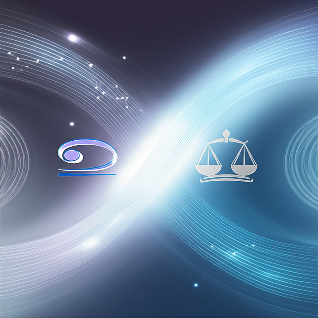 Абстрактное изображение, символизирующее возможные совместимость знаков зодиака Весы и Рак конфликты, показывающее их динамику и напряжения.