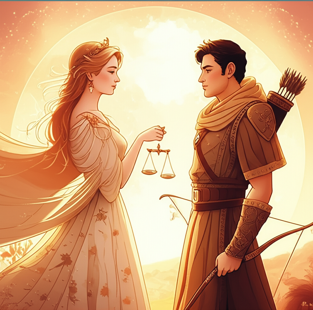 Иллюстрация, символизирующая гармоничную и динамичную совместимость знаков зодиака Весы и Стрелец брак, изображающая грациозную Весы и авантюрного Стрельца на фоне общего пути.