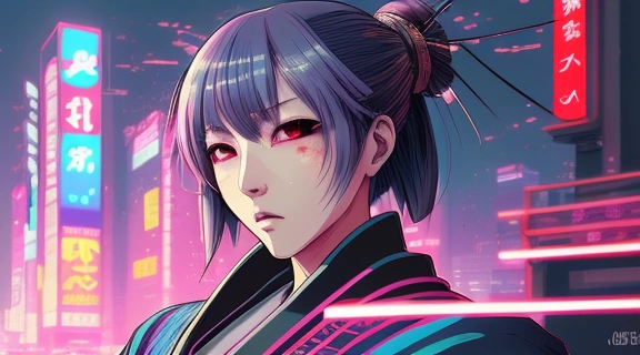 Динамичная иллюстрация, демонстрирующая слияние классических японских мотивов и современного искусства аниме манга в футуристическом стиле.