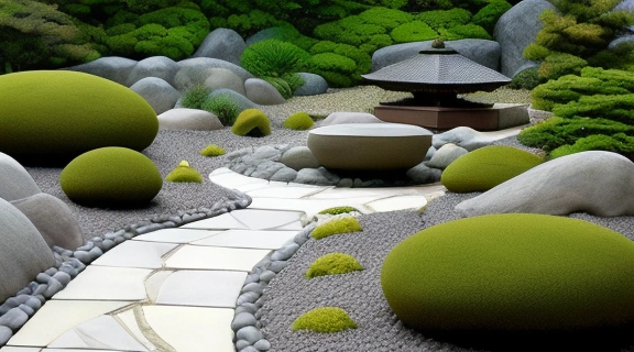 Изображение демонстрирует создание японского сада в стиле сухого пейзажа с использованием гравия, мха и камней, отражая гармонию и философию.