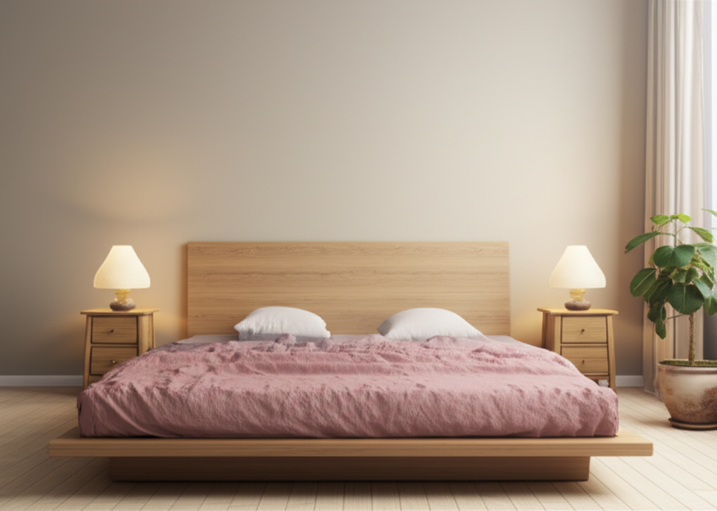 Гармоничная спальня по фэн шуй с кроватью у сплошной стены и симметричными тумбами.