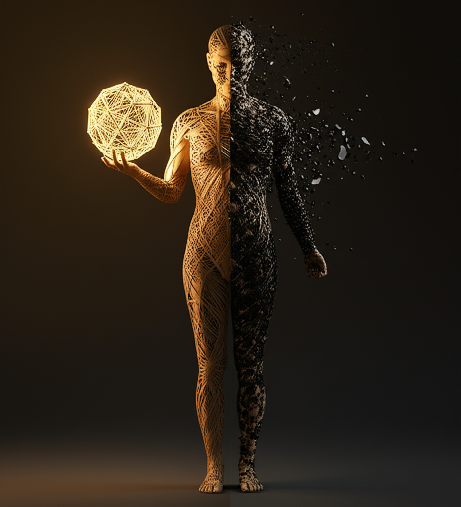 Визуализация концепции способности во благо и во вред в виде человеческой фигуры, одна половина которой созидает, а вторая разрушается.