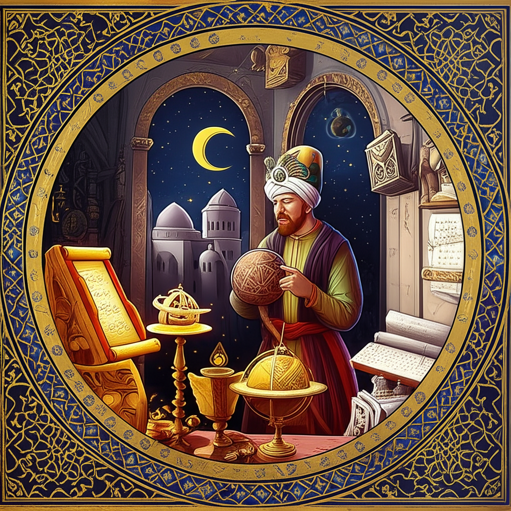 Иллюстрация, вдохновленная средневековыми рукописями, изображающая арабского астролога с астролябией, символизирующая расцвет средневековой и арабской астрологии.