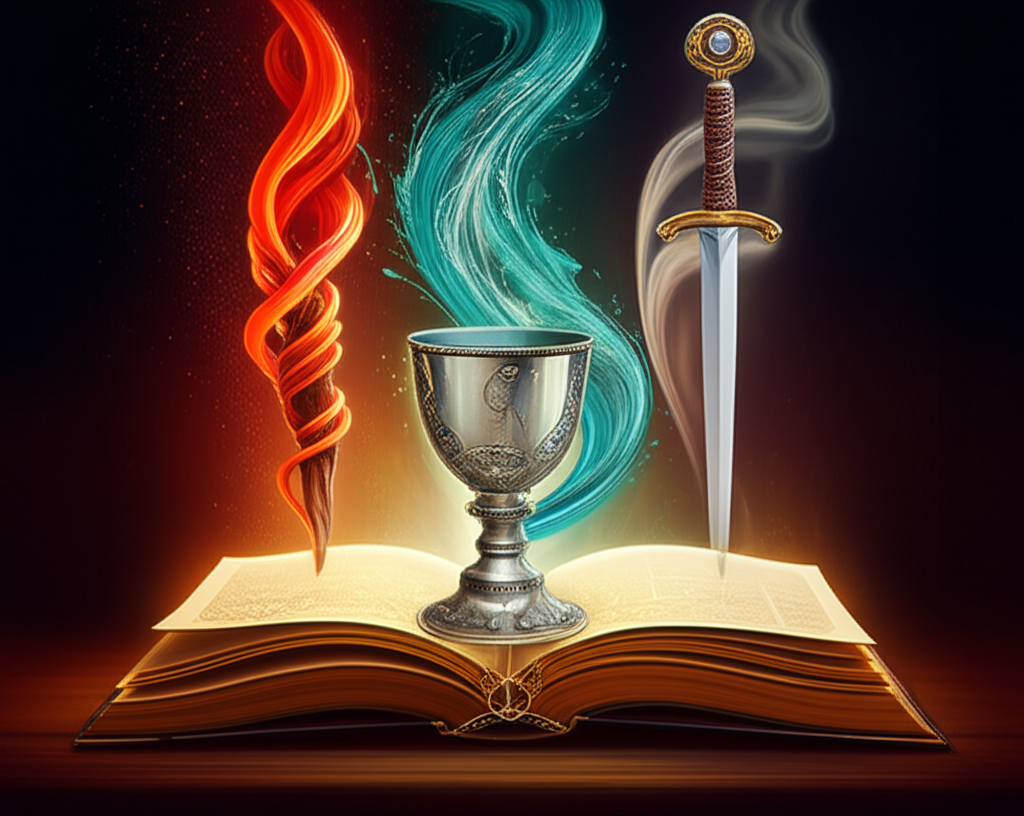 Четыре стихии в младших арканах таро, представленные в виде жезла, кубка, меча и пентакля.