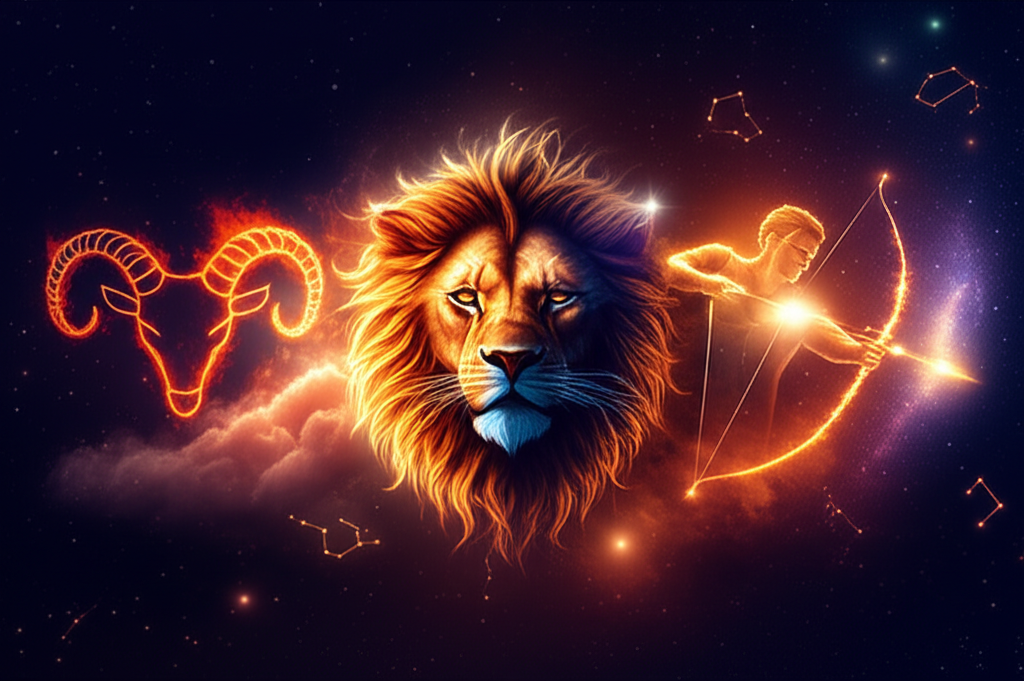 Стихия огня знаки зодиака: символические изображения Овна, Льва и Стрельца на фоне космоса.