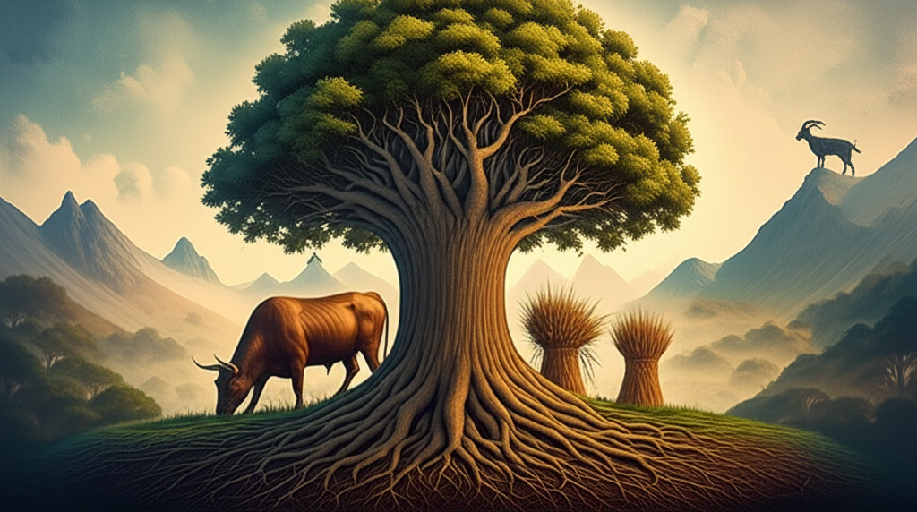 Стихия земли знаки зодиака: символическое изображение Тельца, Девы и Козерога в природном ландшафте.