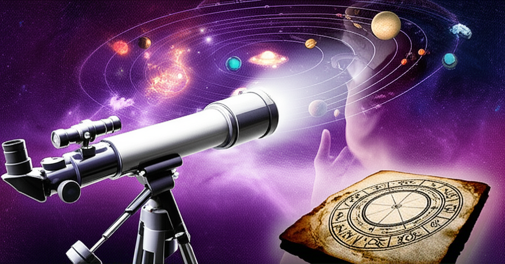 Иллюстрация, символизирующая дилемму: стоит ли верить астрологии, сочетающая научные инструменты (телескоп) и мистические символы (знаки зодиака) на фоне космоса.