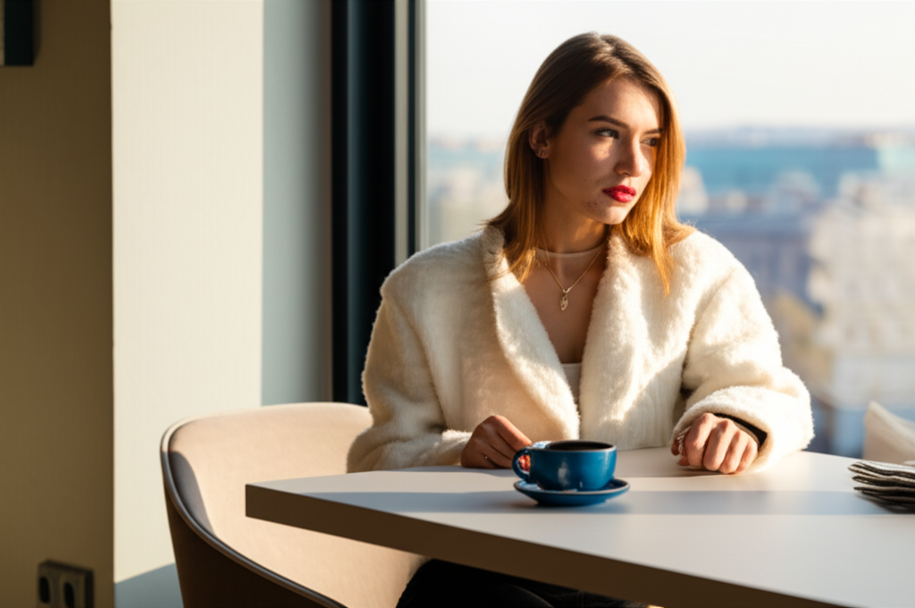 Стильная девушка в кафе, как образ для статьи на тему страна непуганых принцесс.