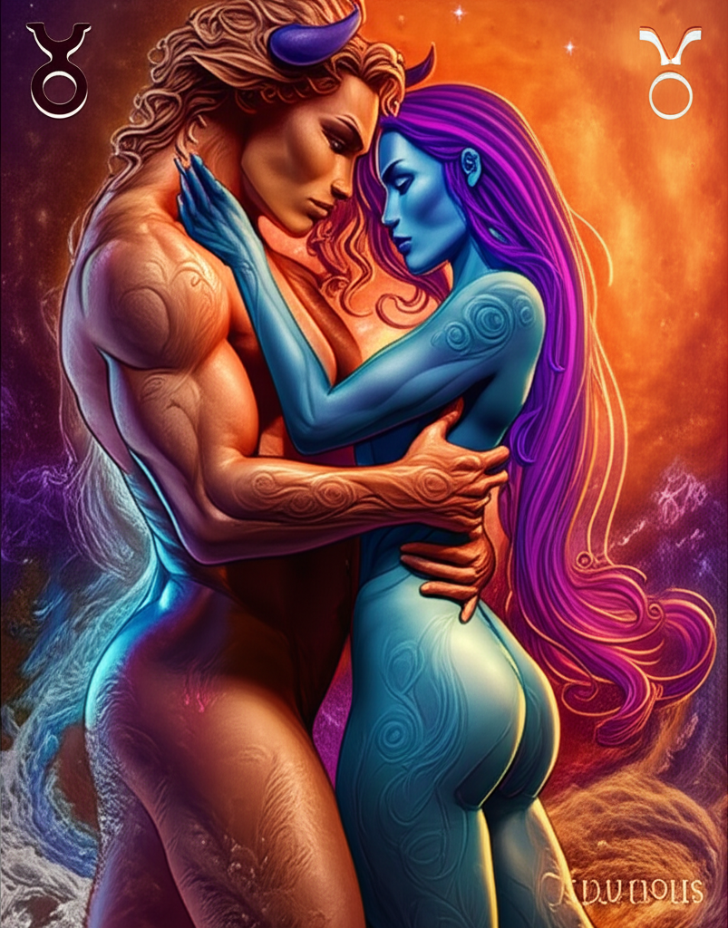 Изображение двух людей, символизирующих знаки зодиака Телец и Скорпион, в страстных объятиях, подчеркивающее их глубокую сексуальную совместимость.
