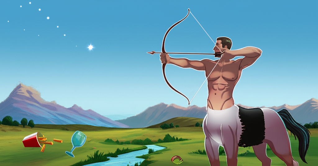 Динамичное изображение Стрельца-кентавра, целящегося стрелой в небо, с легкими свечениями на бедрах и области печени, символизирующими характеристики знака зодиака Стрелец, здоровье и слабости.