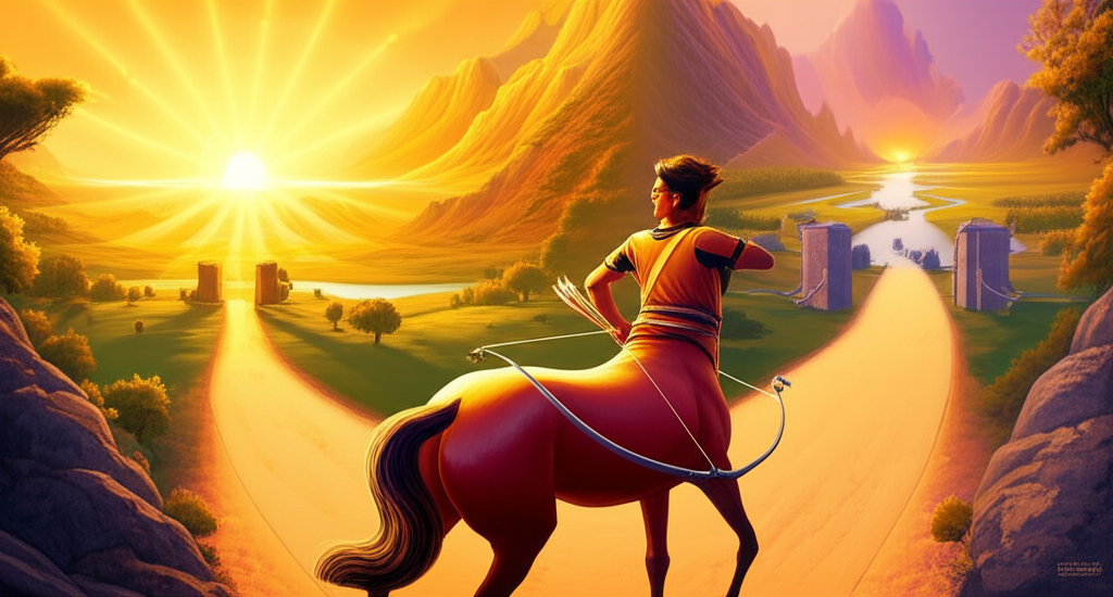 Стрелец и его страхи изображены на перепутье между безграничной свободой и ограничивающей рутиной, отражая внутренний конфликт знака.