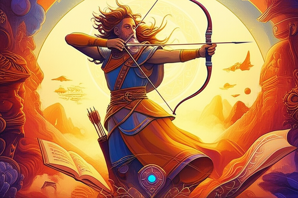 Динамичное изображение Стрельца в астрологии, мудрого лучника, целящегося в горизонт, на фоне путешествий и философских книг.