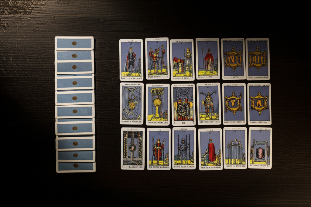 Полностью раскрытая структура колоды таро, где наглядно показано разделение на Старшие и Младшие Арканы по мастям.