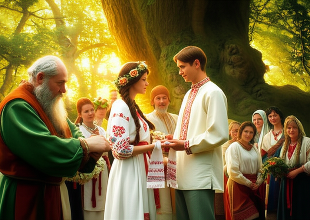 Свадебные обряды древних славян: молодожены в традиционных нарядах во время церемонии.