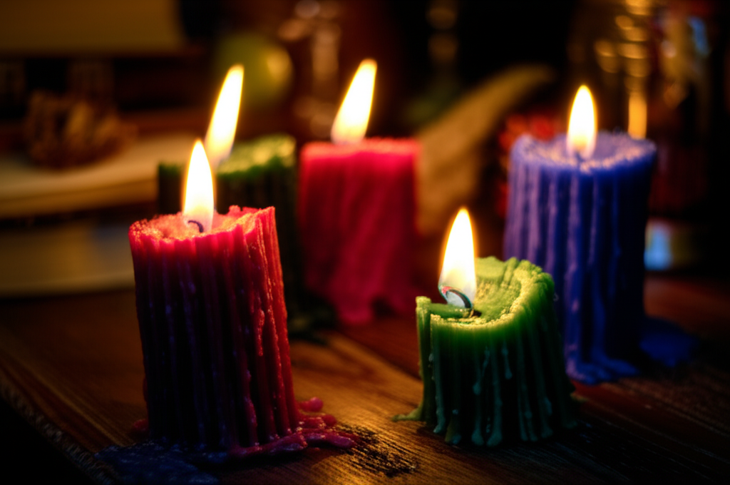 Разноцветные свечи для гадания на старинном деревянном столе, освещающие комнату теплым светом.