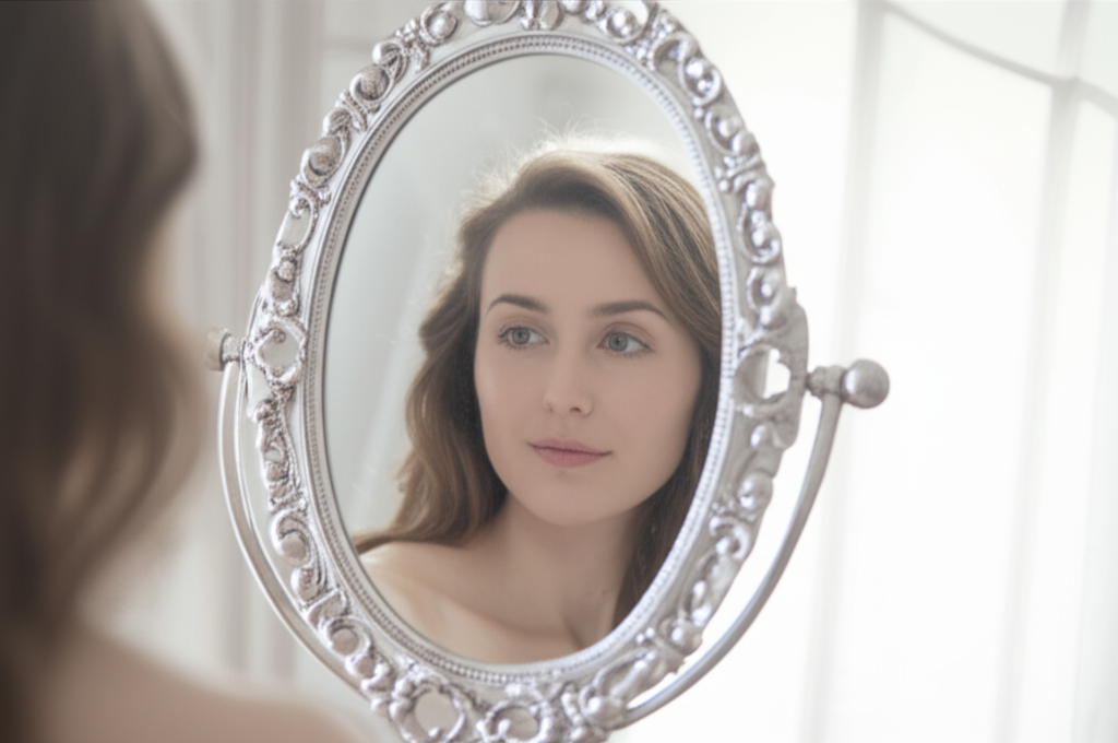 Женщина с умиротворенным выражением лица смотрит в старинное зеркало, и ее свет мой зеркальце наполнено принятием.
