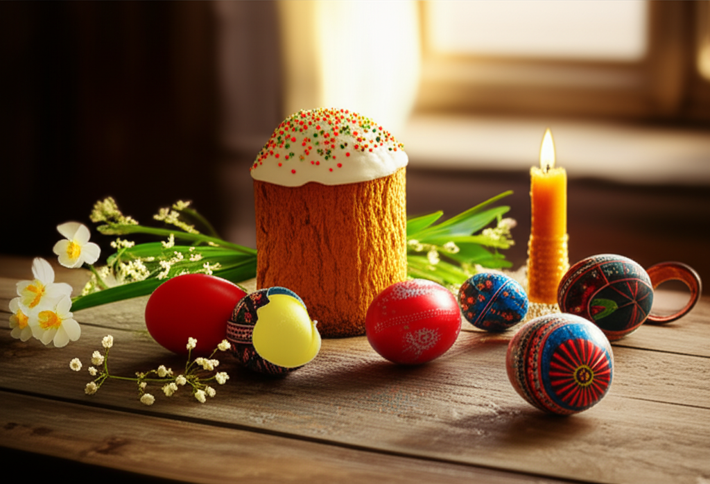 Праздничный натюрморт на светлое воскресение христово пасха: кулич, крашеные яйца и весенние цветы.