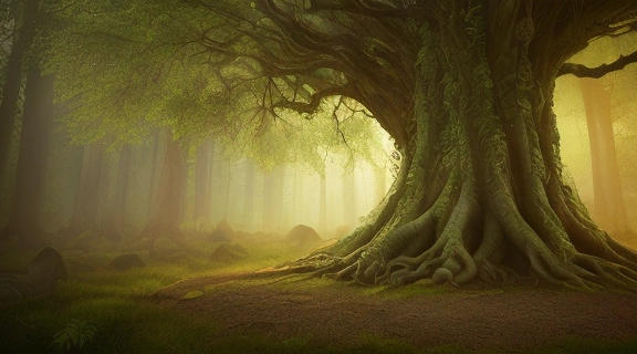 Величественное старинное священное дерево с раскидистой кроной и могучими корнями, символизирующее жизнь и мудрость.