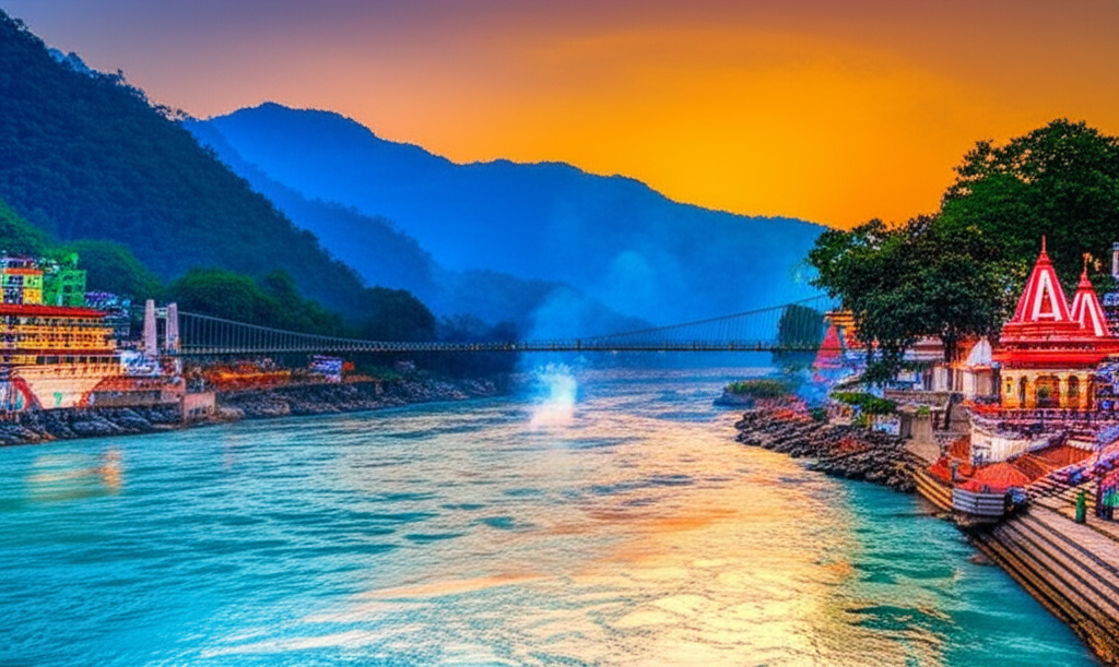 Панорамный вид на священный город Ришикеш Индия на закате, с мостом через реку Ганг и храмами у подножия Гималаев.