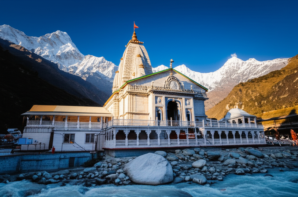 Величественный храм в местечке святая индия ганготри на фоне Гималаев