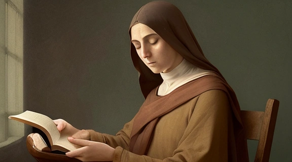 Святая Тереза из Авилы пишет свои духовные труды в келье, символизируя её мистическое и литературное наследие.