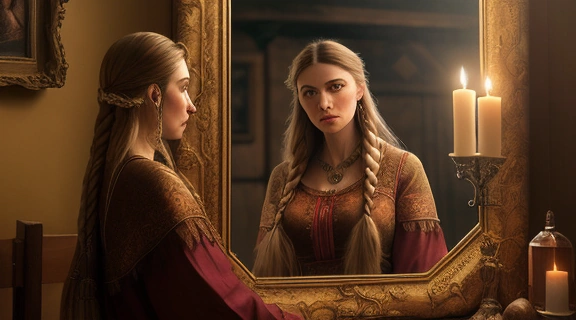 Молодые девушки проводят Святочные гадания, используя зеркала при свечах, в старинной избе.