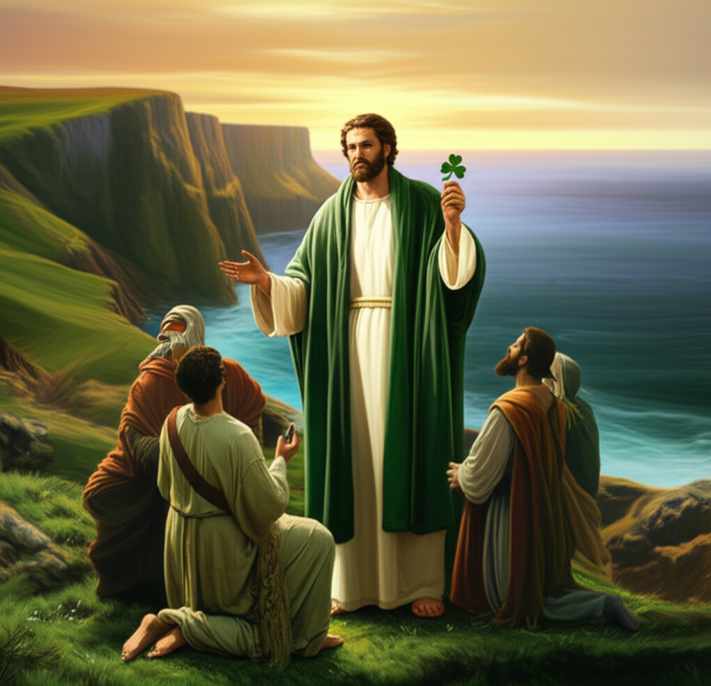 Иллюстрация, изображающая как святой Патрик проповедует в Ирландии с трилистником в руке