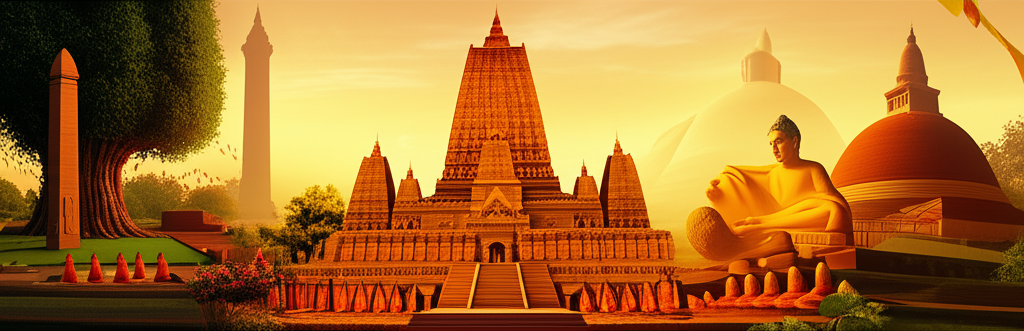 Святые места буддистов, изображающие храм Махабодхи, ступу Дхамек и сад Лумбини.