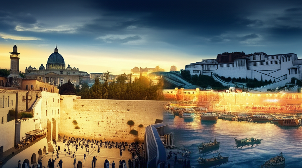 Коллаж, изображающий главные святые места мира в лучах заходящего солнца.