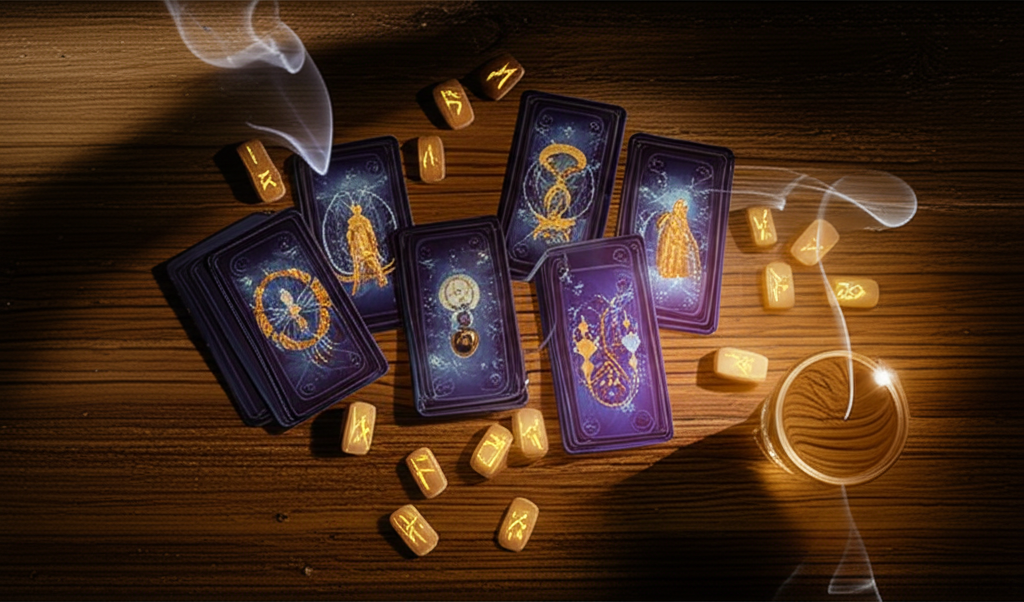 Различные атрибуты, символизирующие таинственный мир гаданий: карты Таро, руны и кристальный шар на столе.