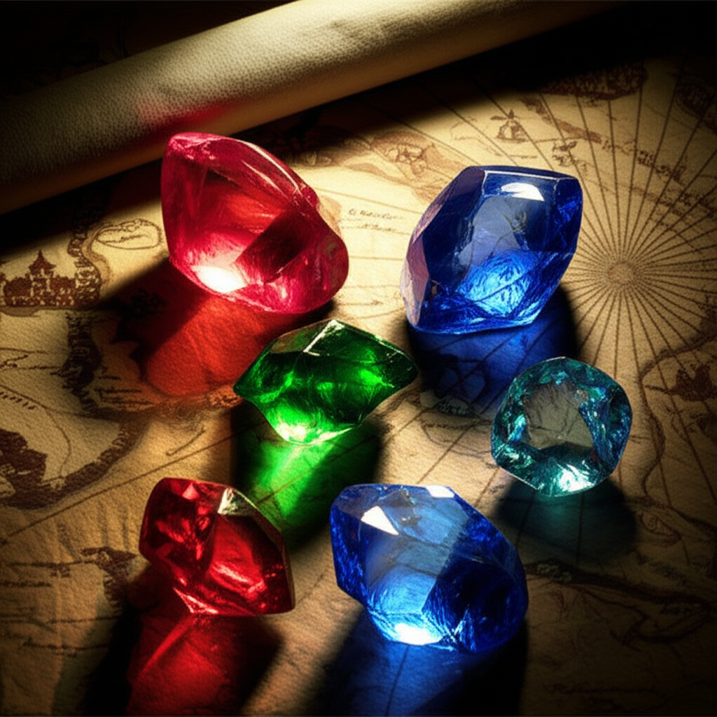 Необработанные минералы на старинной карте, раскрывающие тайны драгоценных камней.