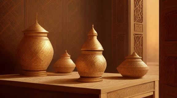 Коллекция древних арабских магических обычаев, представленная в виде амулетов Хамсы, синих глаз Назар и коранических свитков на традиционном фоне.