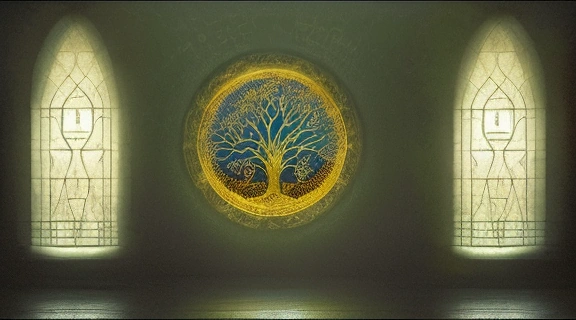 Изображение мистического Древа Жизни, освещенного таинственным светом, символизирующее Тайны каббалы и древнее знание.