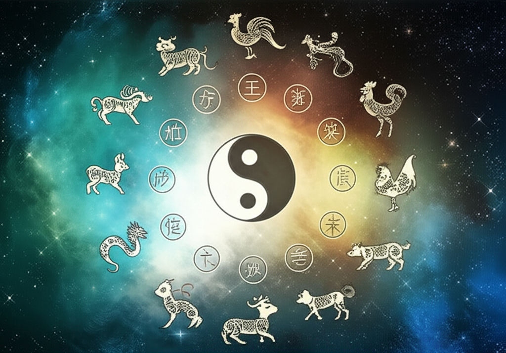 Изображение демонстрирует символы китайской астрологии: круг из 12 животных зодиака, пять элементов и знак Инь и Ян на фоне звездного неба.