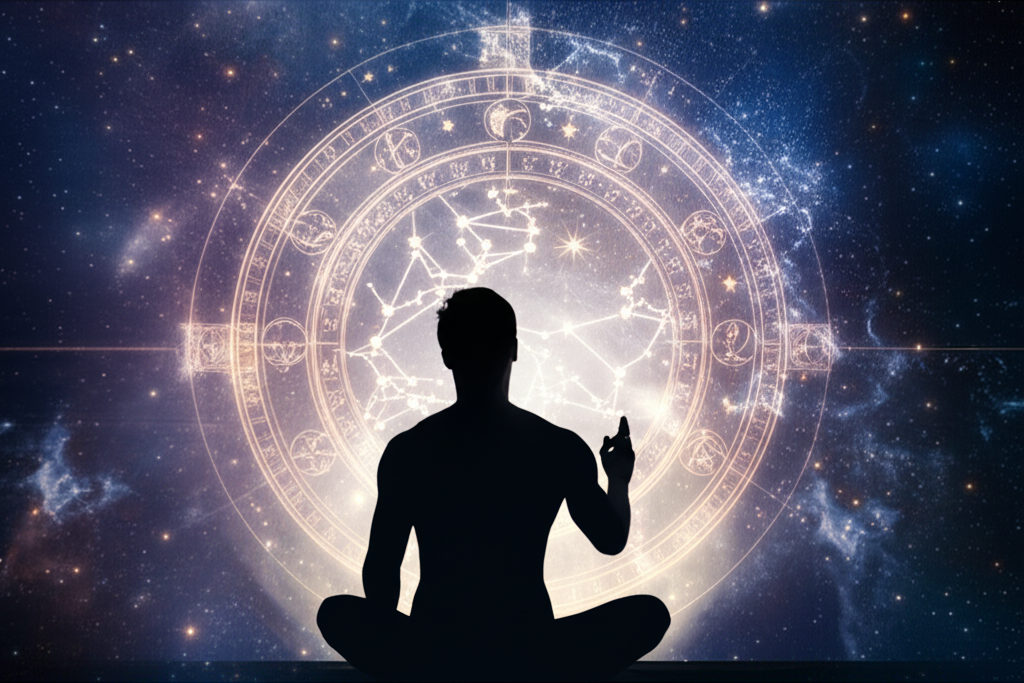 Изображение демонстрирует человека, размышляющего над своей натальной картой на фоне звездного неба, символизируя предопределение и потенциал в астрологии.
