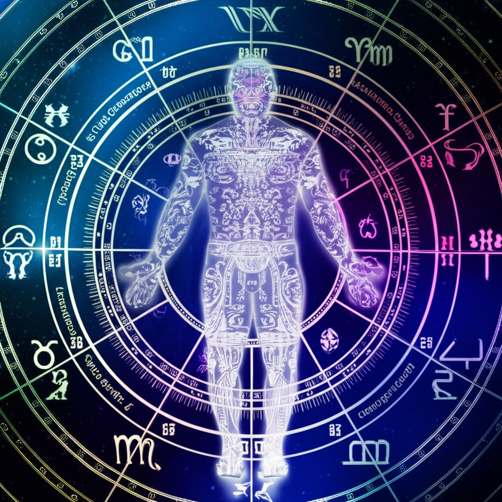 Изображение натальной карты, наложенной на схематичное изображение человеческого тела, подсвечивающее натальная карта здоровья слабые места, связанные с различными знаками зодиака и планетами.