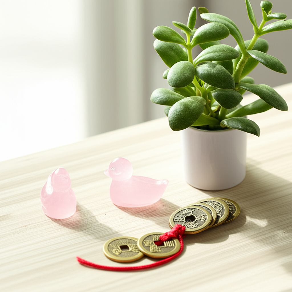 Элегантно расставленные талисманы фэн-шуй на каждый день на деревянном столе для привлечения гармонии.